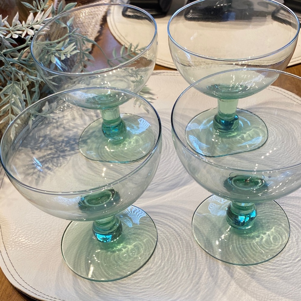 Vintage ALBI Eco friendly green glass footed Mexico margarita/dessert glasses.